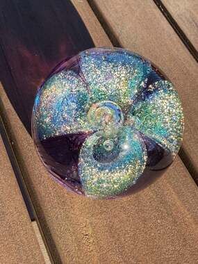Glass Eye Studio Hand-Blown Art Glass Paperweight with Iridescent Purple and Blu